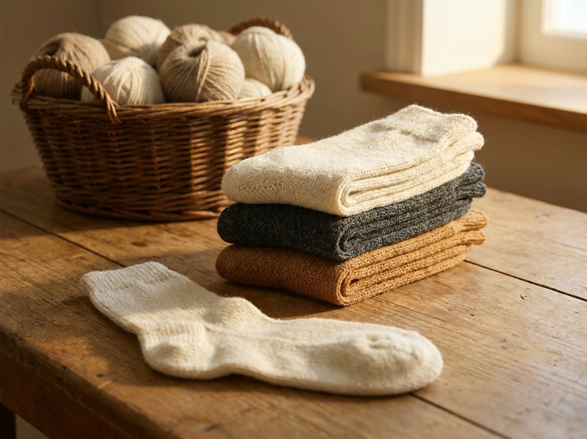 A stack of cream, charcoal and caramel alpaca wool socks on a wooden farmhouse table, one pair laid open, beside a basket of undyed yarn