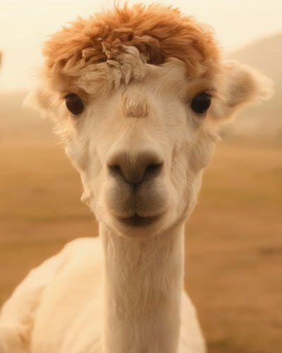 A cream-coloured alpaca with a caramel topknot, looking into the camera