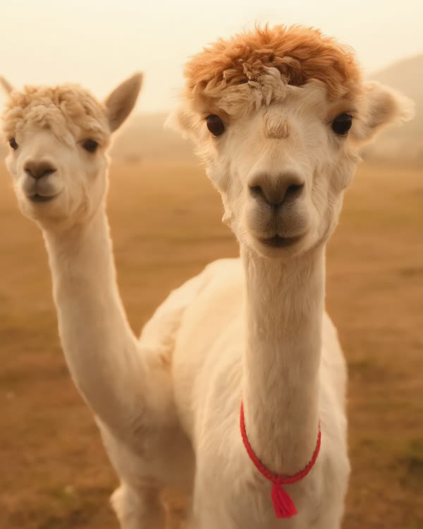 A cream-coloured alpaca in a red halter, looking into the camera