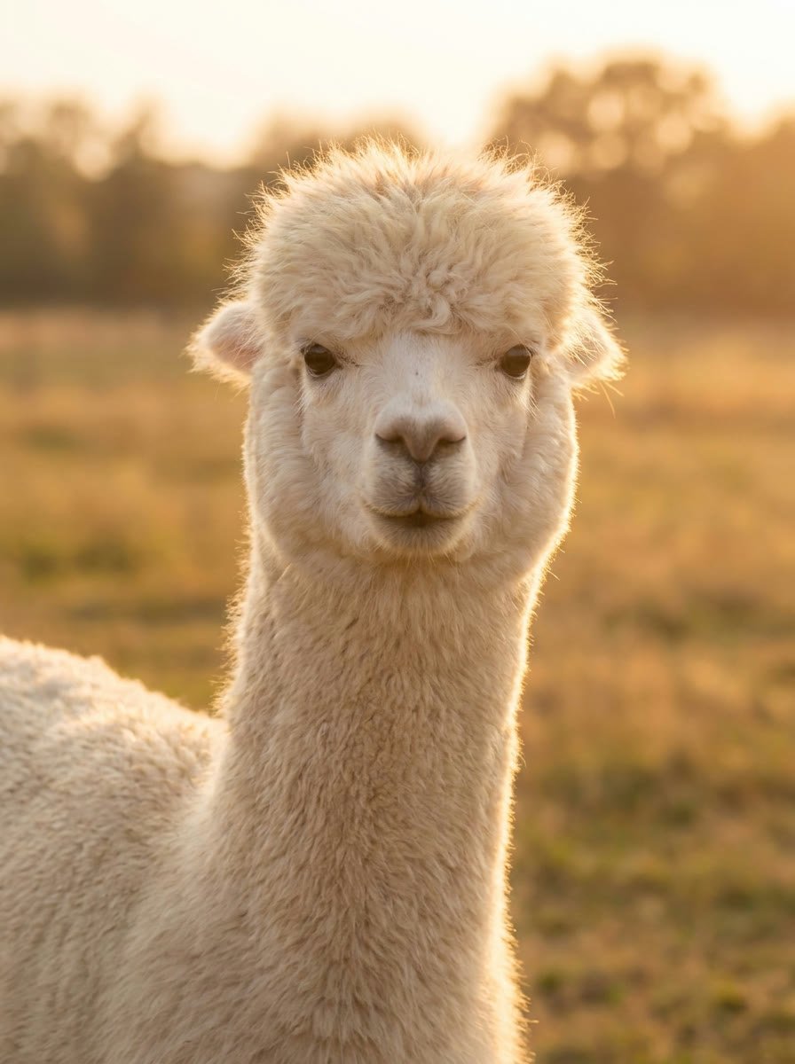 A very pale cream alpaca in golden evening light, looking into the camera