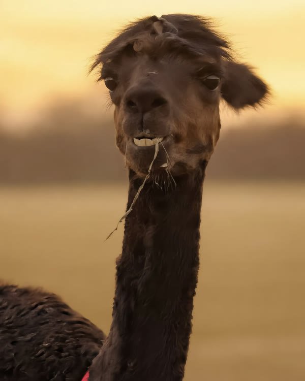 A dark chocolate-coloured alpaca in a pink halter, looking into the camera