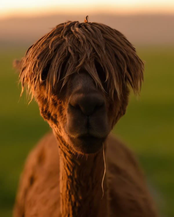 A rust-coloured alpaca with a thick fringe, looking into the camera