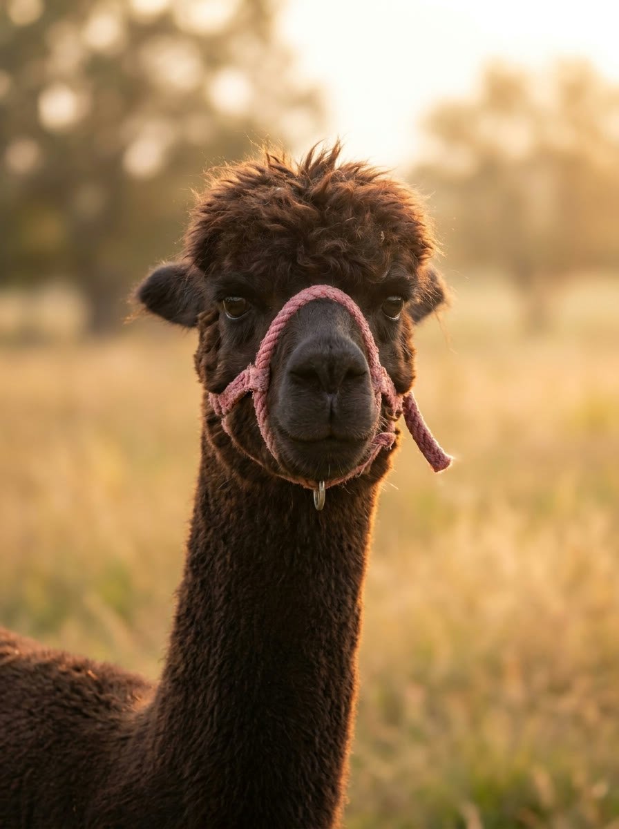 A dark chocolate-coloured alpaca in a pink halter, looking into the camera