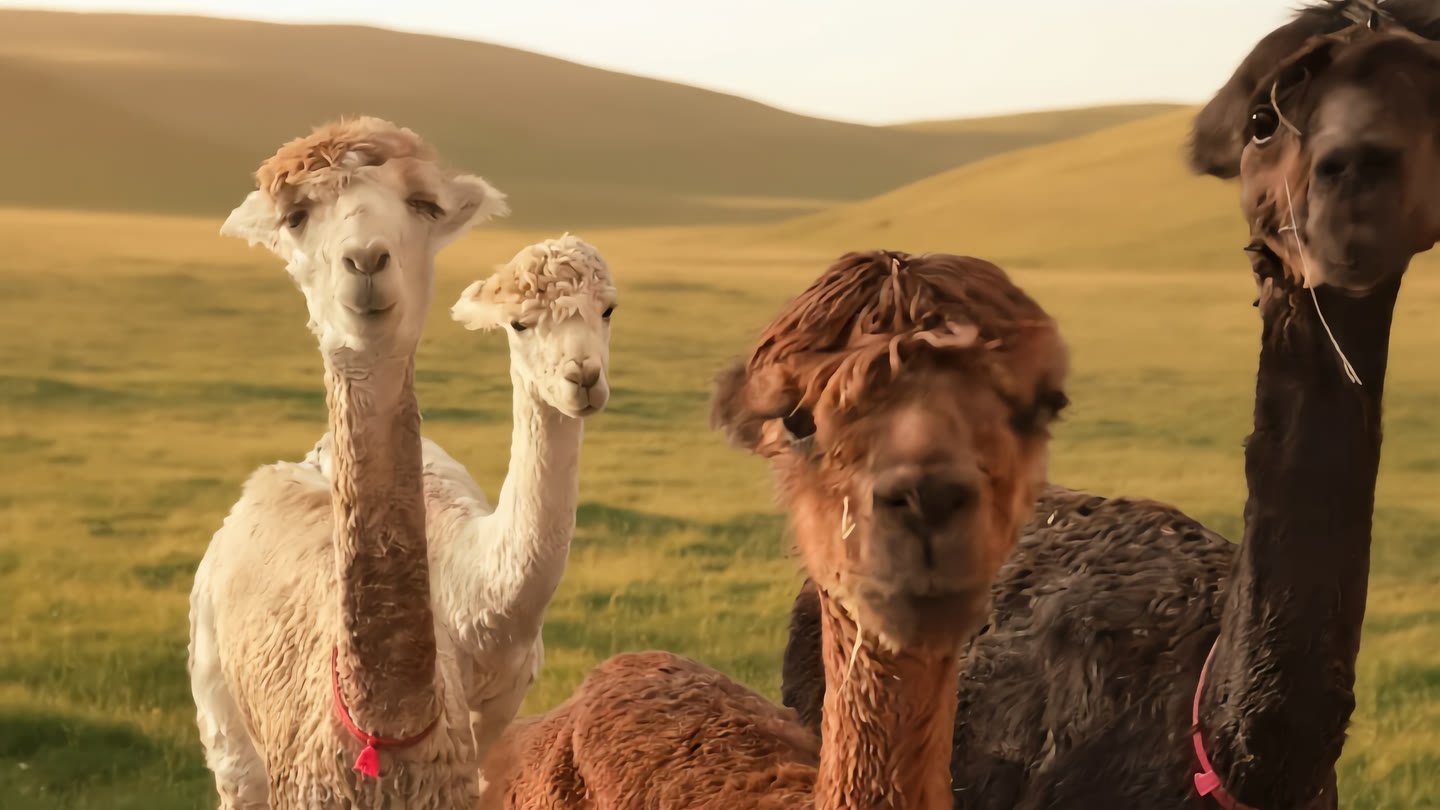 Four alpacas from the herd standing together, looking into the camera