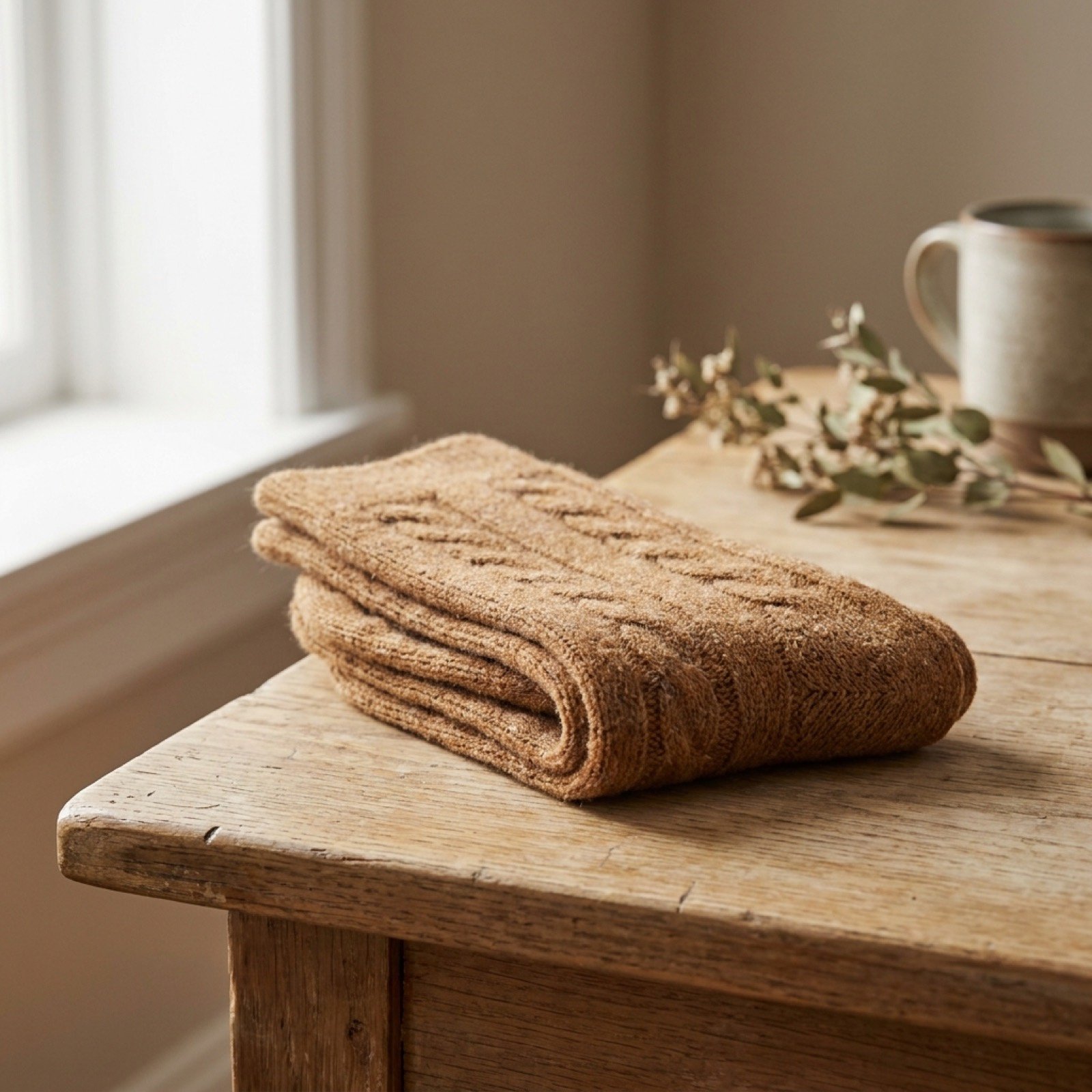Folded pair of caramel coloured cable-knit alpaca wool socks on a wooden table