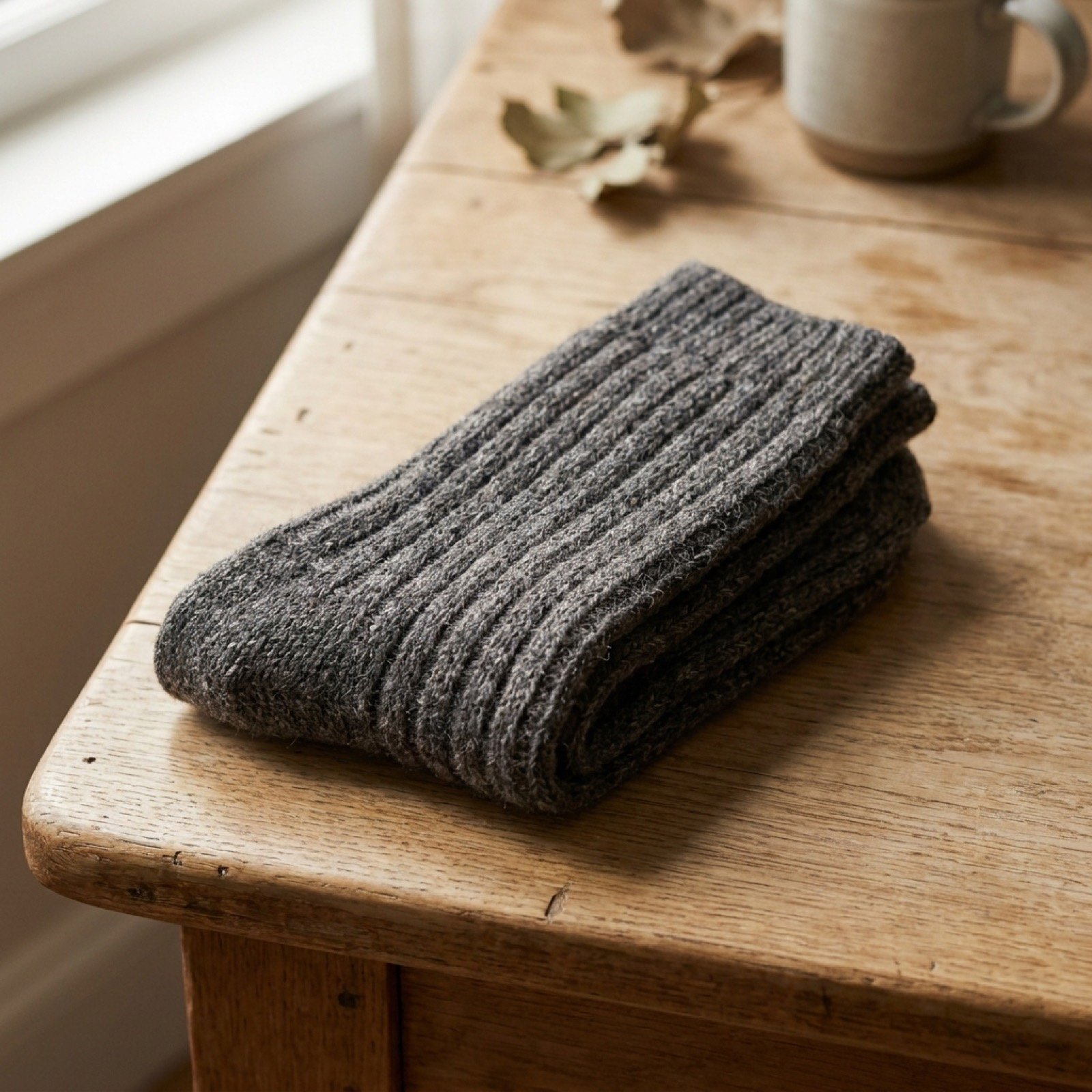 Folded pair of charcoal grey chunky alpaca wool boot socks on a wooden table