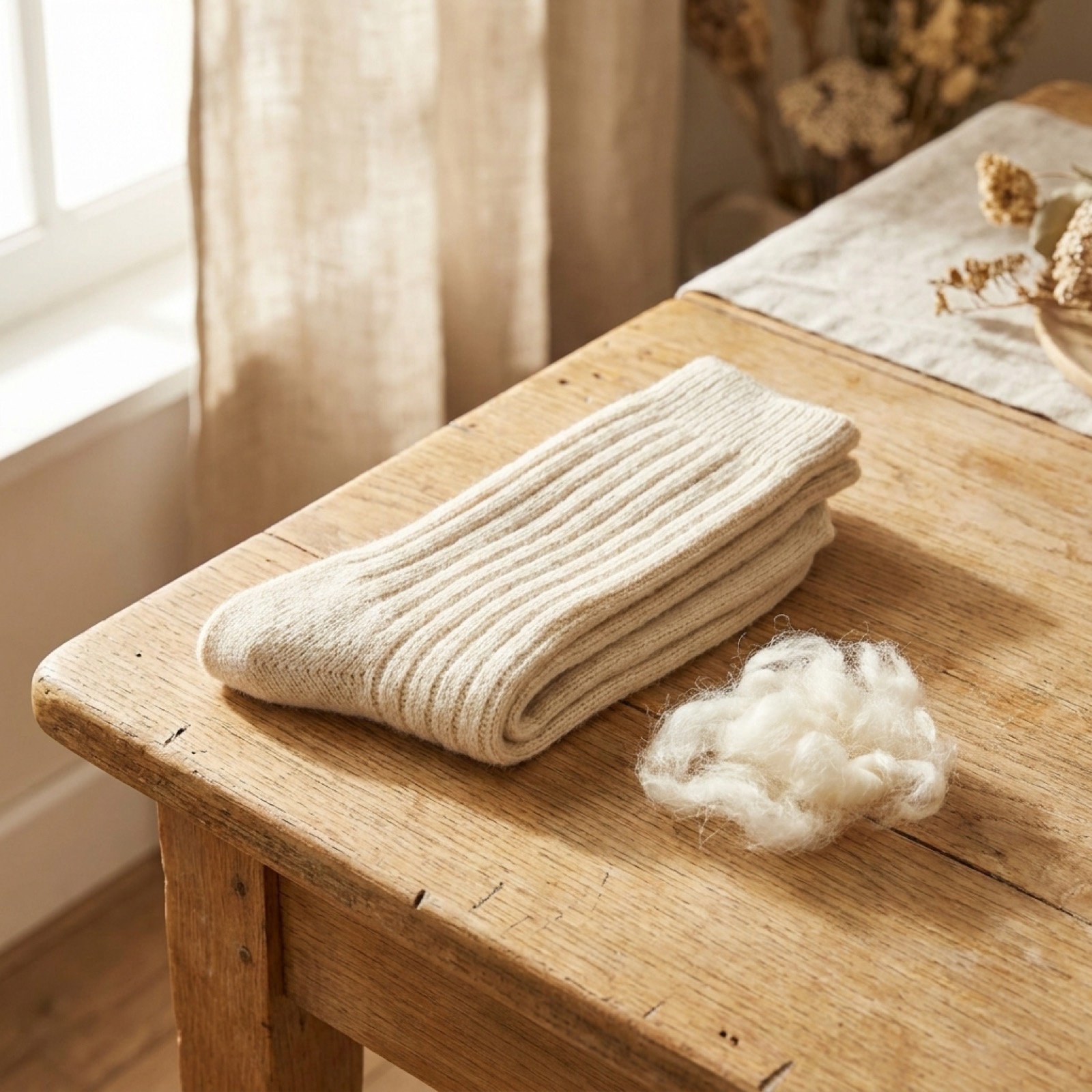 Folded pair of cream ribbed alpaca wool crew socks on a wooden table